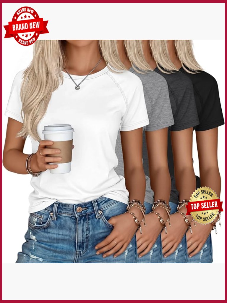 4 Pack Women's Short Sleeve T Shirts Casual Raglan Tunic Tops Crewneck Loose